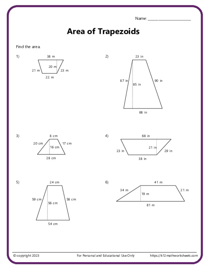 Sixth grade math worksheet focused on calculating the area of various trapezoid shapes