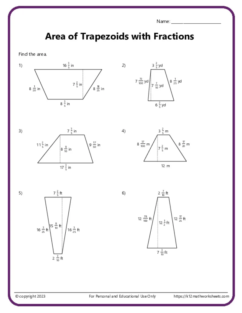 Sixth grade student working through area of trapezoids practice problems on a worksheet