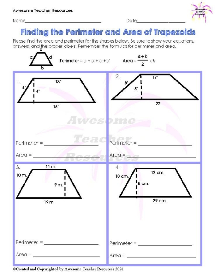 Sixth grade student solving area of trapezoid problems with parallel bases and height measurements on practice worksheet