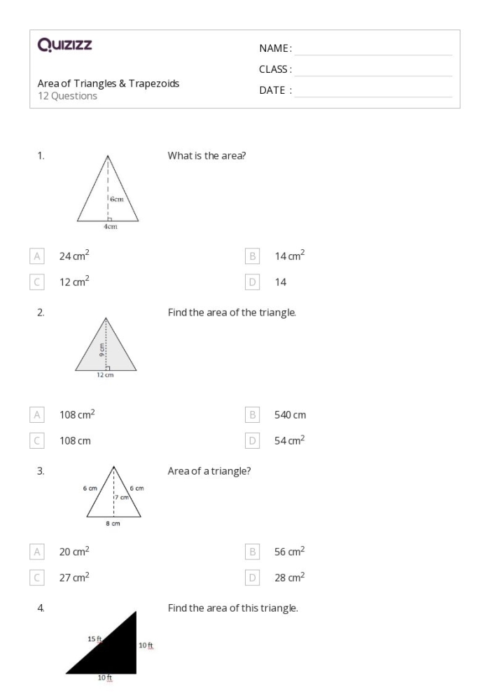 Sixth grade student solving area of trapezoid problems on a practice worksheet with measurements and formulas