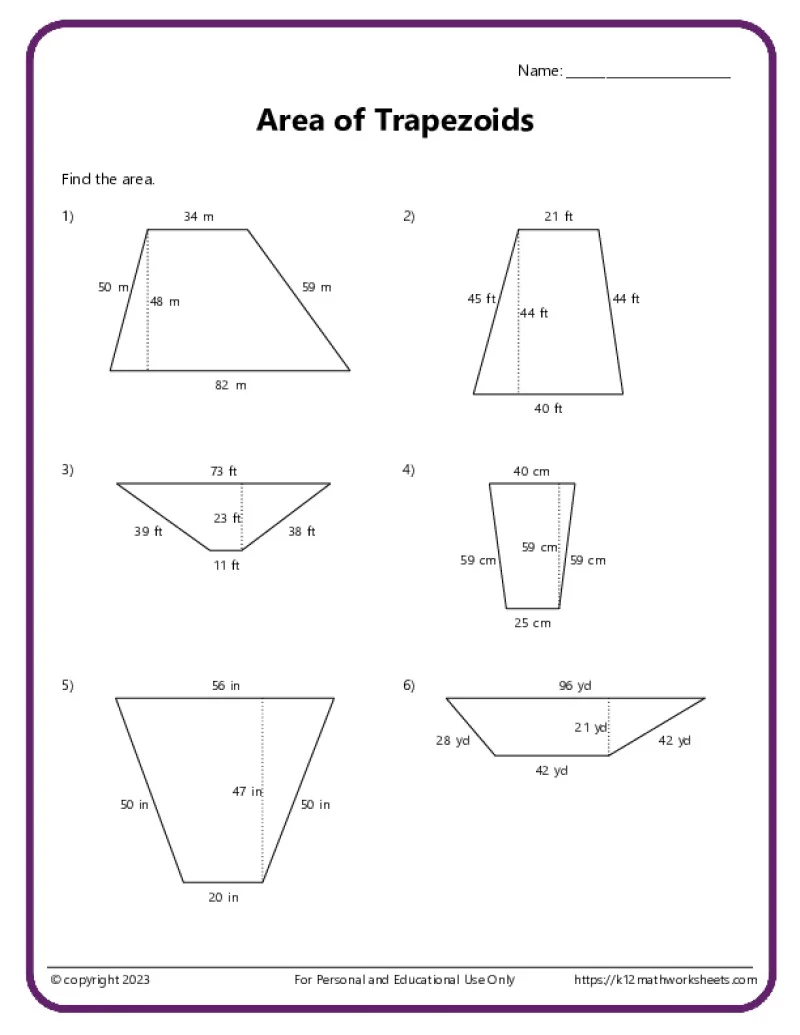Sixth grade geometry worksheet featuring practice problems on calculating the area of trapezoids