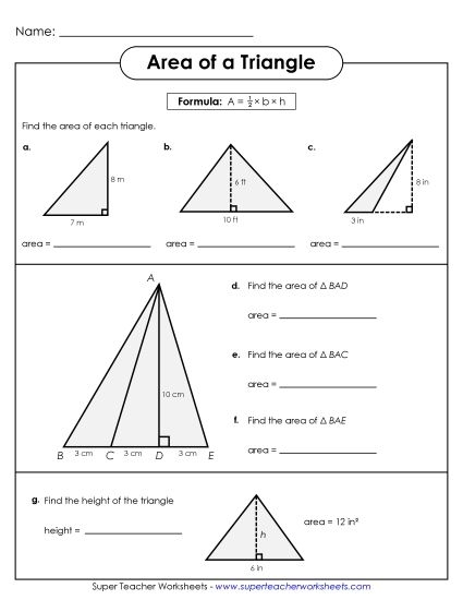 Sixth grade math worksheet for calculating the area of triangles