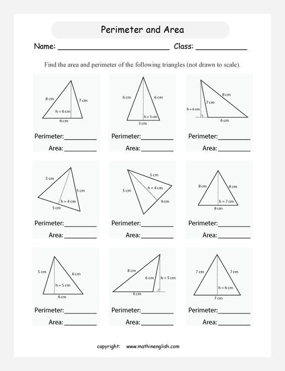 Sixth grade math worksheet focused on calculating the area of a triangle