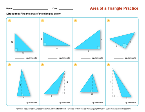 Worksheet featuring exercises on calculating the area of a triangle for sixth graders