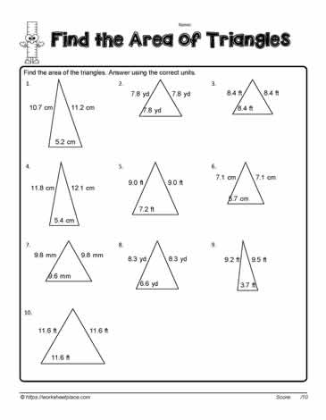 Sixth grade math worksheet focused on calculating the area of various triangles