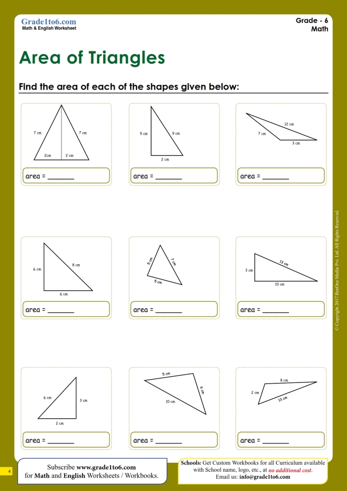 Worksheet for calculating the area of a triangle designed for sixth graders