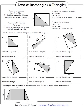 Worksheet for calculating the area of a triangle designed for sixth-grade students