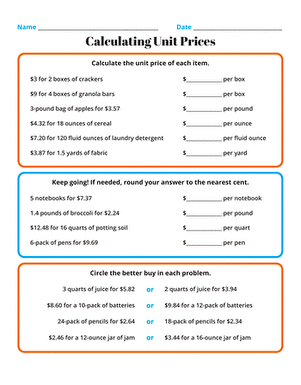Unit Prices Matching Worksheet for Sixth Grade Math Practice 18 Sixth grade students practicing unit price calculations with a matching worksheet
