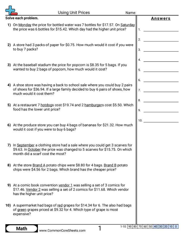 Unit Prices Matching Activity for Sixth Grade Math Worksheet 6 Sixth grade students matching different products to their calculated unit prices on a worksheet