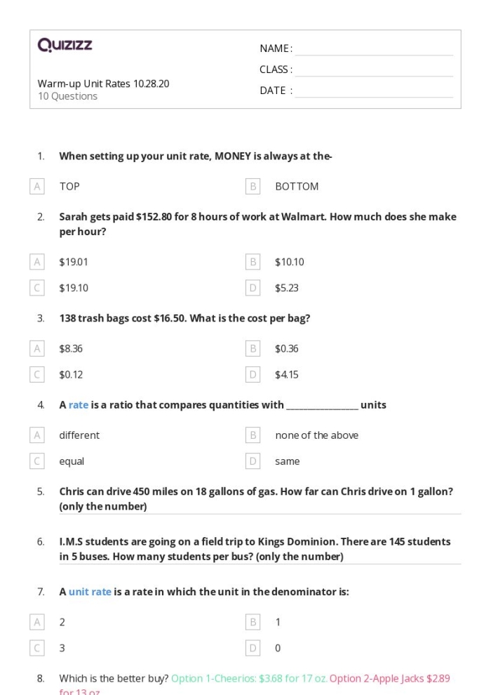 Sixth grade math worksheet for calculating unit prices to find the best shopping deals