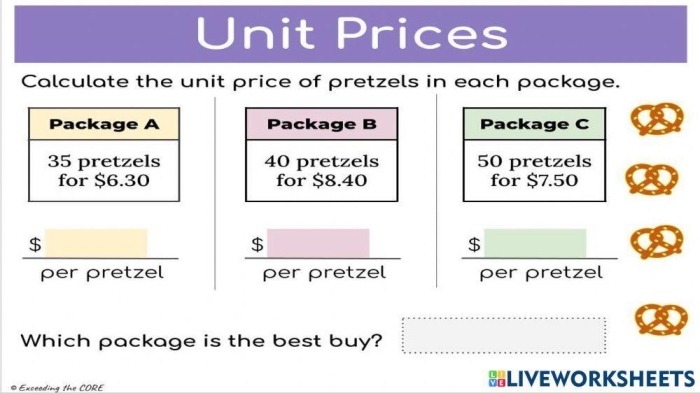 A sixth grade math worksheet asking students to solve unit price word problems to find the best shopping deal
