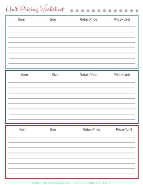 Worksheet featuring unit price calculation problems for sixth graders