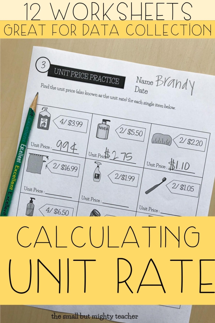 Worksheet featuring unit price calculation problems for sixth graders