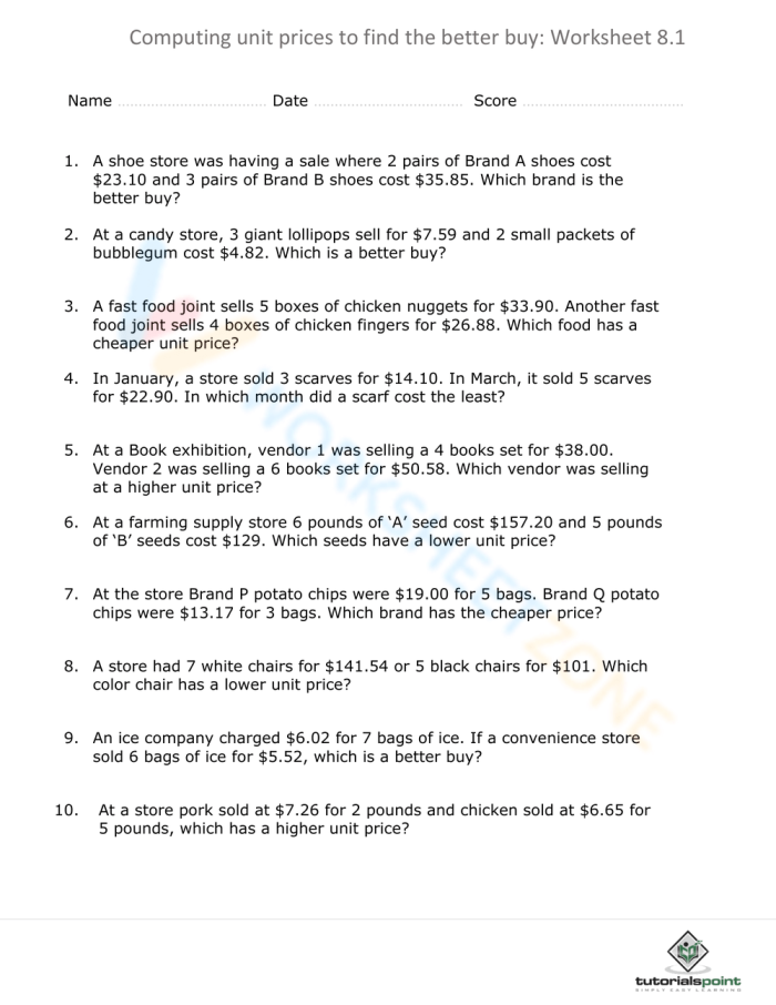 Sixth grade student filling out a math worksheet focused on calculating unit prices for grocery items