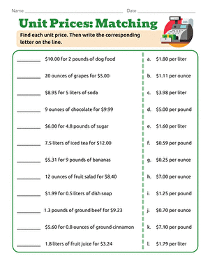 Unit Prices Matching Worksheet Number Two Sixth grade student matching activity for calculating unit prices of grocery items