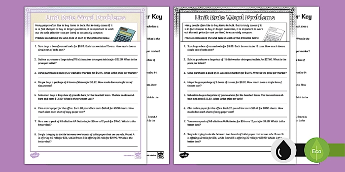 Sixth grade math worksheet featuring real-world word problems focused on calculating and comparing unit rates