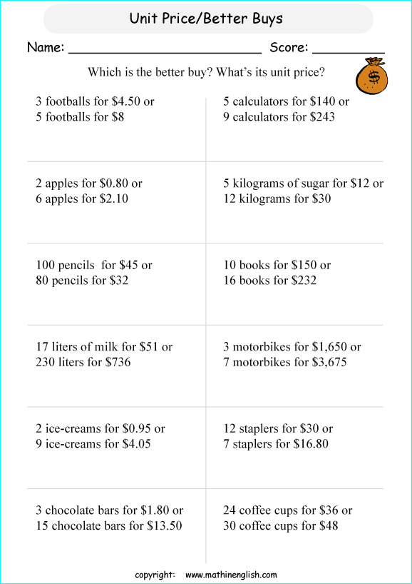 Comparing Unit Rates Word Problems Practice Sheet 15 Sixth-grade student solving unit rate word problems comparing prices and quantities on a math worksheet