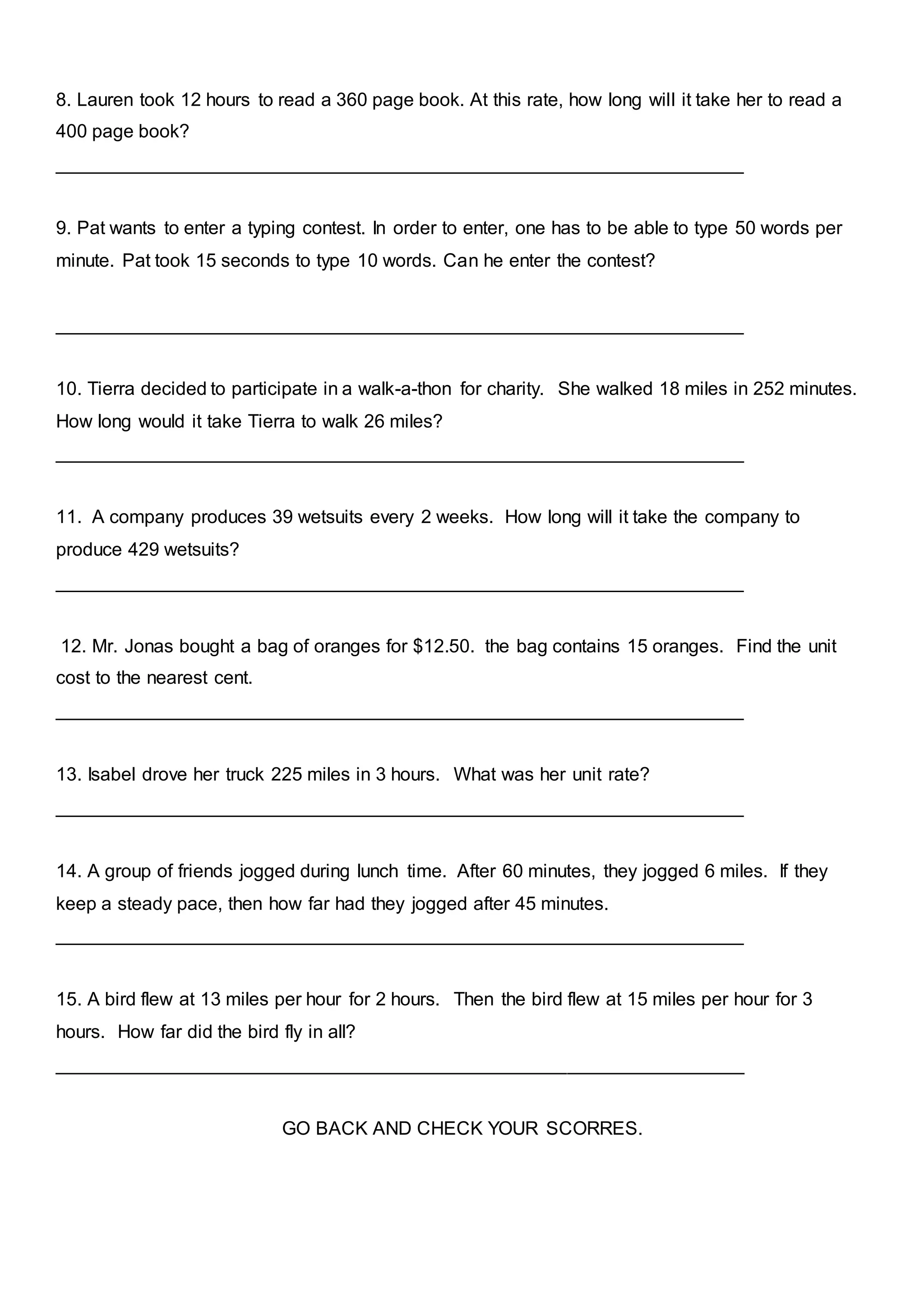 Worksheet featuring unit rate word problems designed for sixth graders