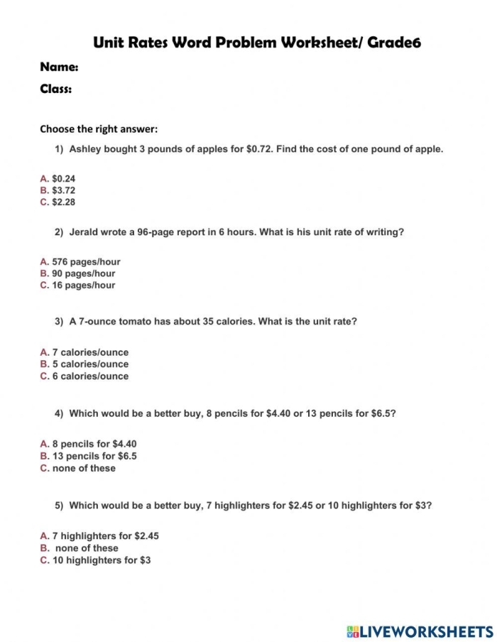 Worksheet showcasing unit rate word problems for sixth-grade students