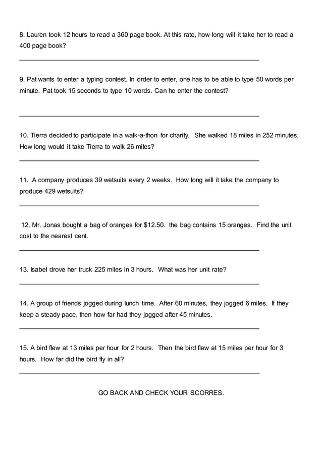 Sixth grade math worksheet featuring real-world unit rate word problems for data and graphing practice