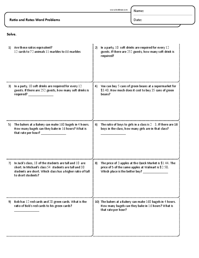 Comparing Unit Rates Word Problems Algebra Practice for Grade 6 Sixth grade students solving unit rate comparison problems with real world scenarios in an algebra worksheet
