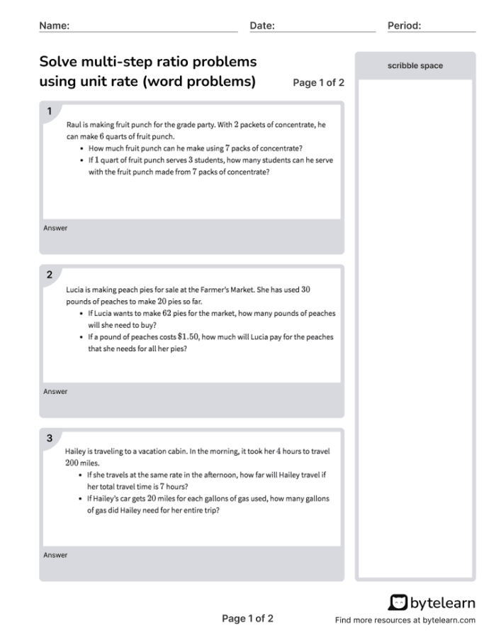 Sixth grade math worksheet featuring real-world word problems for practicing unit rate calculations