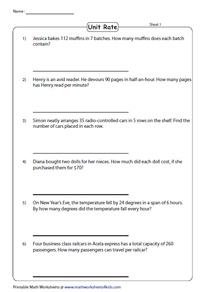 Sixth grade student solving a Unit Rate Word Problems worksheet about data and graphing