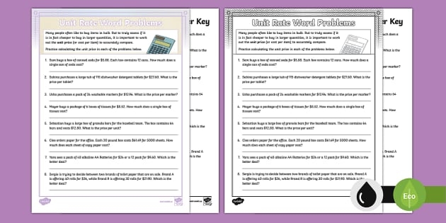 Worksheet featuring unit rate word problems for sixth graders to solve
