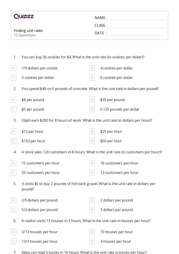 Finding Unit Rates Maze Worksheet for 6th Grade Math Students Sixth grade math worksheet featuring a printable maze designed for practicing unit rates with rational numbers