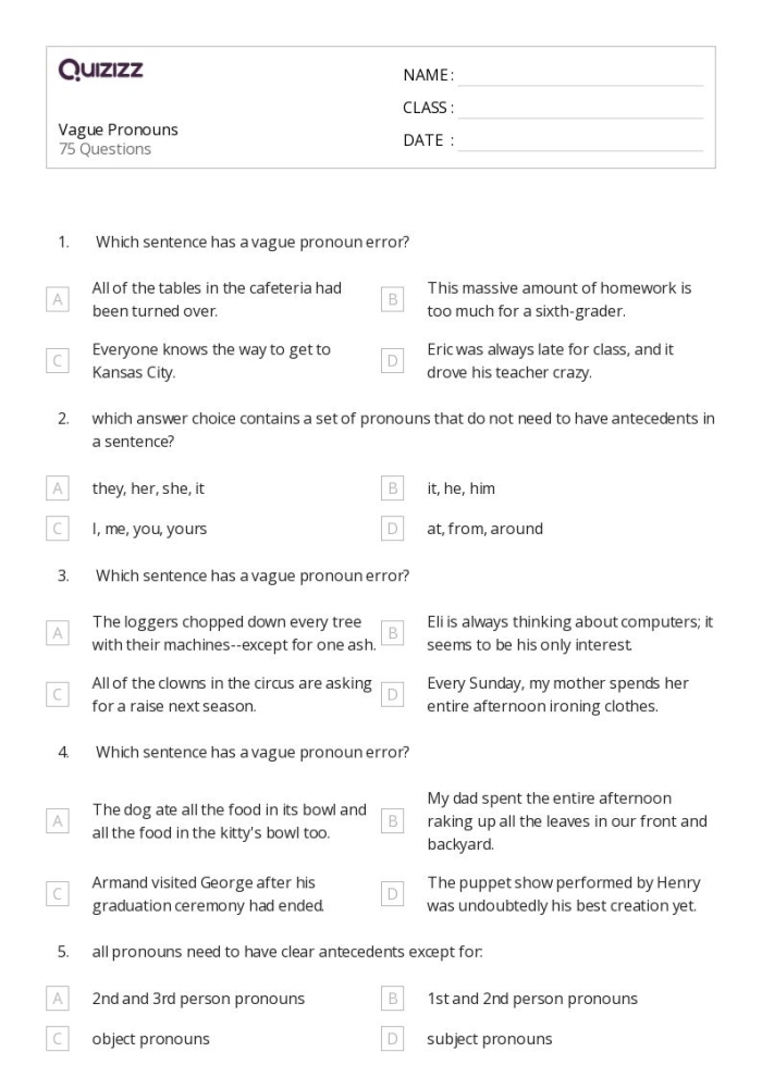 Grammar practice sheet for improving clarity in student writing Worksheet for identifying vague pronouns in writing for sixth graders
