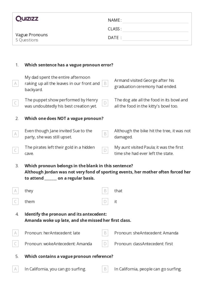 Identifying Vague Pronouns Worksheet for Grade 6 Writing Skills Worksheet focused on identifying vague pronouns for sixth-grade students