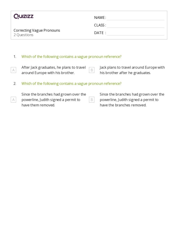 Grammar worksheet focused on avoiding vague pronouns for sixth graders Worksheet for identifying vague pronouns to enhance sixth-grade writing skills