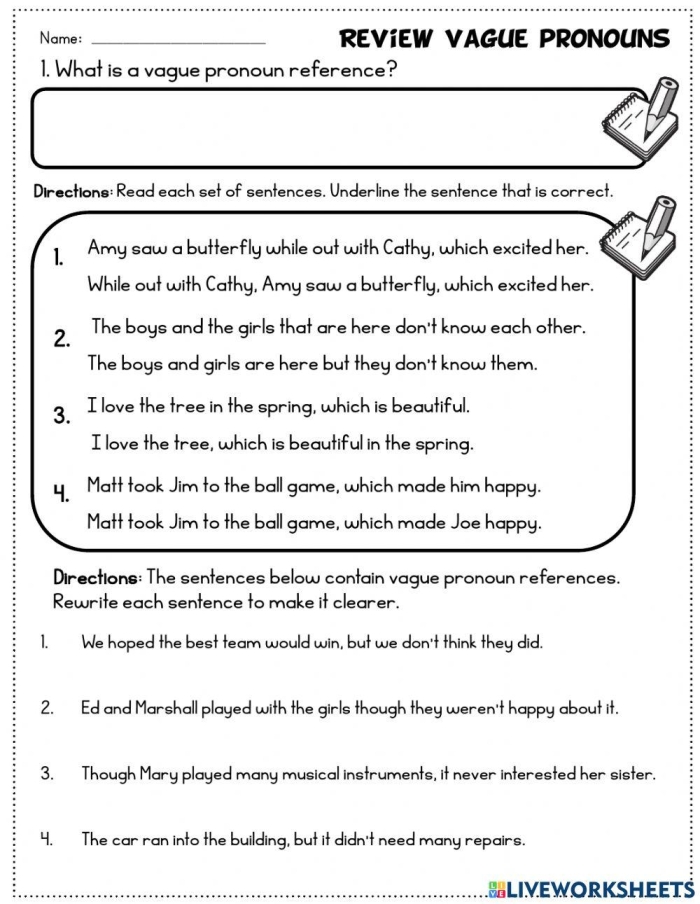 Identifying Vague Pronouns Worksheet for Sixth Grade Grammar Practice Worksheet for sixth graders focused on identifying and avoiding vague pronouns in writing
