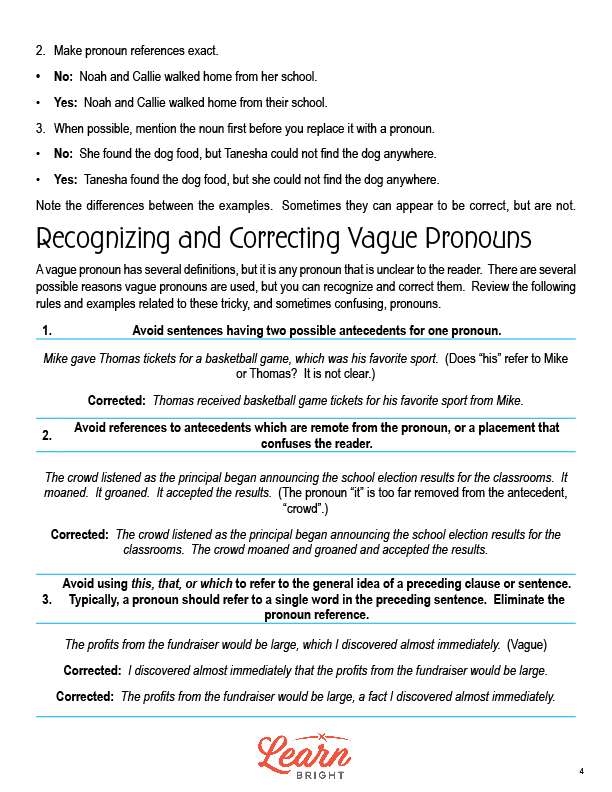 Enhance grammar skills with the Identifying Vague Pronouns worksheet for sixth graders Worksheet for identifying vague pronouns in sixth-grade writing exercises