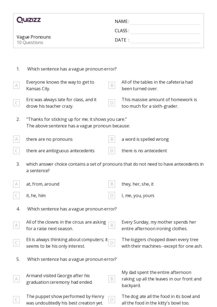 Sixth-grade grammar worksheet focused on improving pronoun clarity Worksheet for identifying vague pronouns in sixth-grade writing exercises