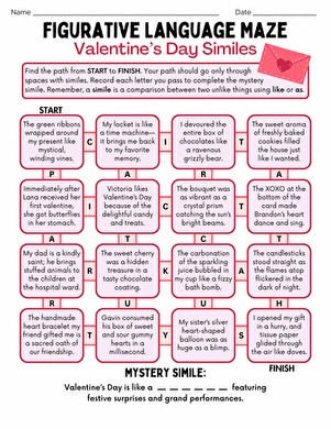 Sixth grade students completing a Valentine's Day similes maze worksheet with red hearts and figurative language examples