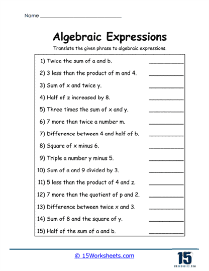 Sixth grade math worksheet focused on writing variable expressions with one operation