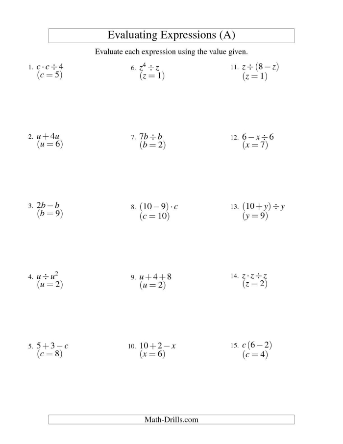 Sixth grade math worksheet for practicing writing variable expressions with one operation