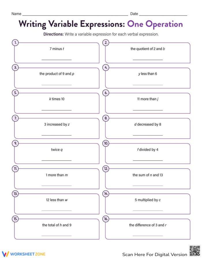 Sixth grade student solving variable expression problems with one operation on an algebra practice worksheet