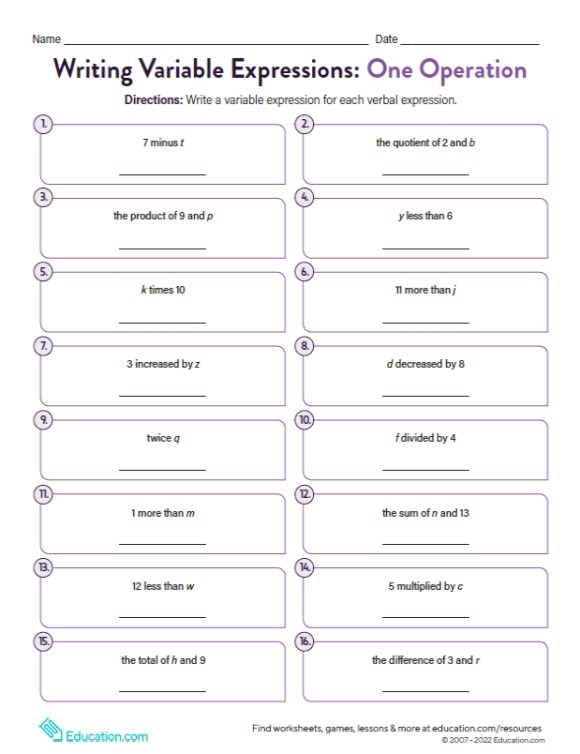 Algebraic expressions word problem practice worksheet number 25 Sixth grade math worksheet for choosing variable expressions to model word problems