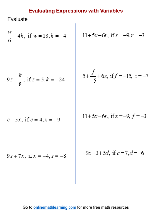 Sixth grade student worksheet for evaluating expressions by substituting three different values into variables.