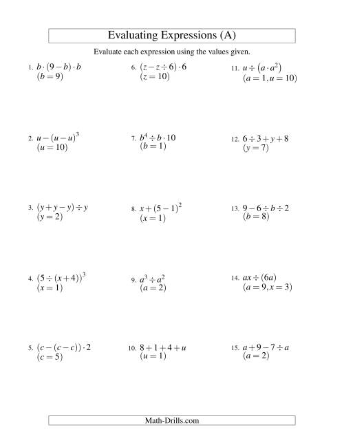 Sixth grade student worksheet for evaluating expressions by substituting three different values into variables using mixed operations.