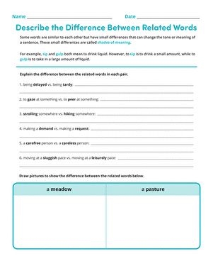 Describing Differences Between Related Words Language Activity for Grade 6 Sixth grade students completing a worksheet exercise comparing the meanings and connotations of related vocabulary words