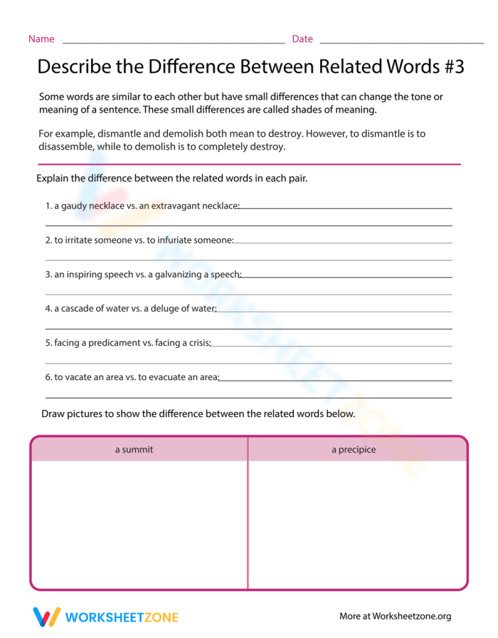 Image 4 from Describe the Difference Between Related Words worksheet for grade 6 language arts Sixth grade students completing a vocabulary worksheet comparing related words and their different meanings
