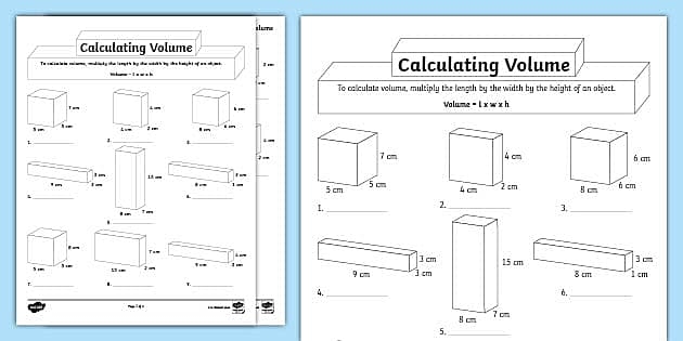 Sixth grade math worksheet showing problems to calculate the volume of rectangular prisms and cubes with fractional sides