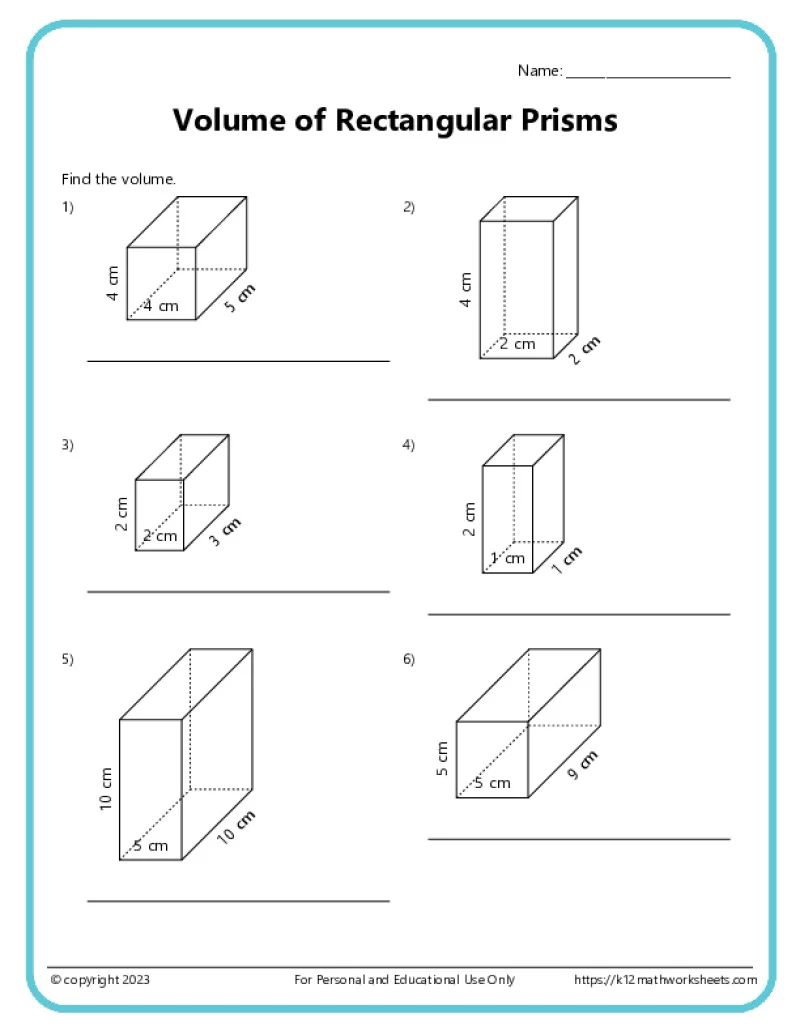 Worksheet featuring volume calculations for rectangular prisms and cubes with fractions