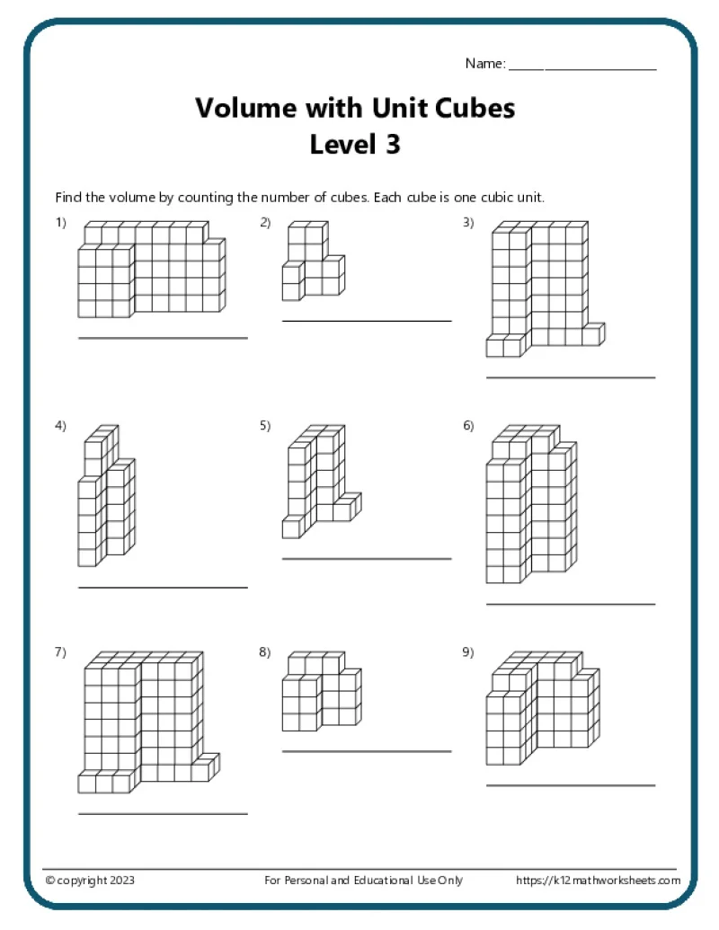 Worksheet showing a sixth-grade student calculating the volume of rectangular prisms and cubes with fractions