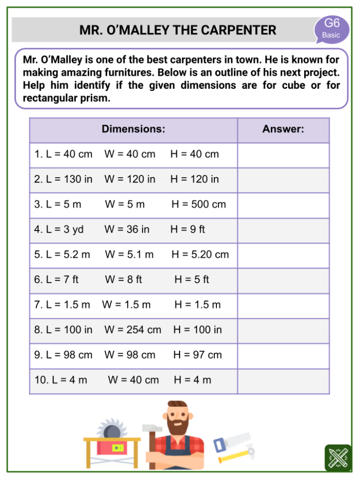 Worksheet for learning the volume of rectangular prisms and cubes with fractions for sixth graders