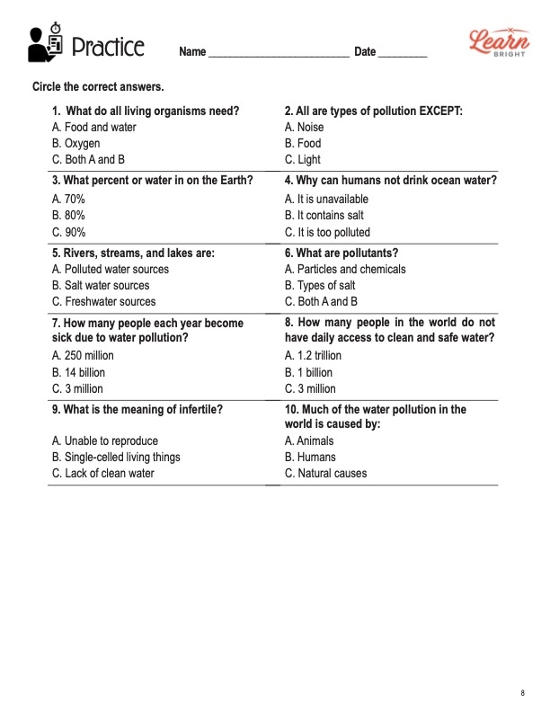 Sixth grade worksheet titled Human Impact Water Pollution showing environmental science study tasks