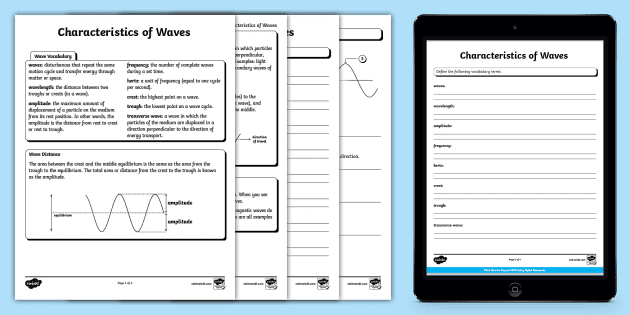 Sixth grade students identifying wave properties and terminology on a two-page science worksheet